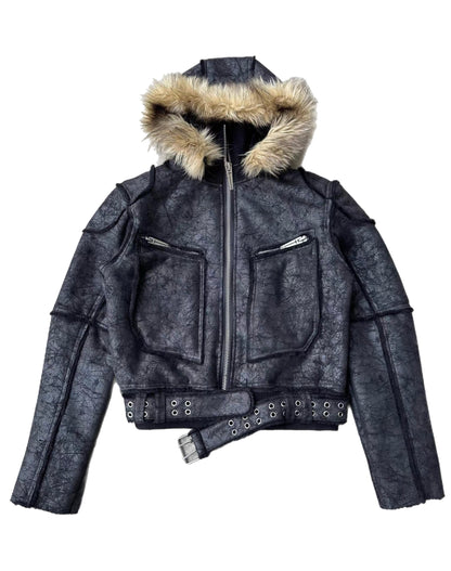 クラッシュ テクスチャー ファーカラー レザー ジャケット
Cracked Texture Fur Collar Leather Jacket
