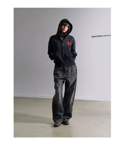 ブラック ウォッシュ バギー ストレート デニムパンツ Blue Washed Baggy Straight Denim Pants