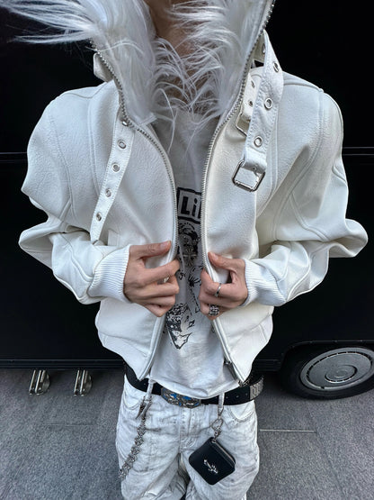 スノーホワイト ショート MA-1 ジャケット（ファーカラー脱着）
Snow White Short MA-1 Jacket with Detachable Fur Collar