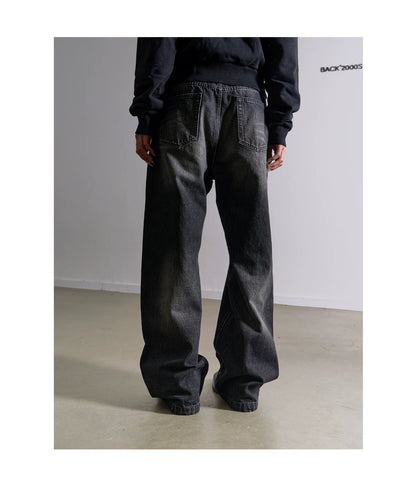 ブラック ウォッシュ バギー ストレート デニムパンツ Blue Washed Baggy Straight Denim Pants