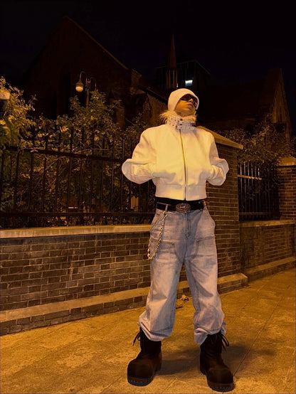 スノーホワイト ショート MA-1 ジャケット（ファーカラー脱着）
Snow White Short MA-1 Jacket with Detachable Fur Collar